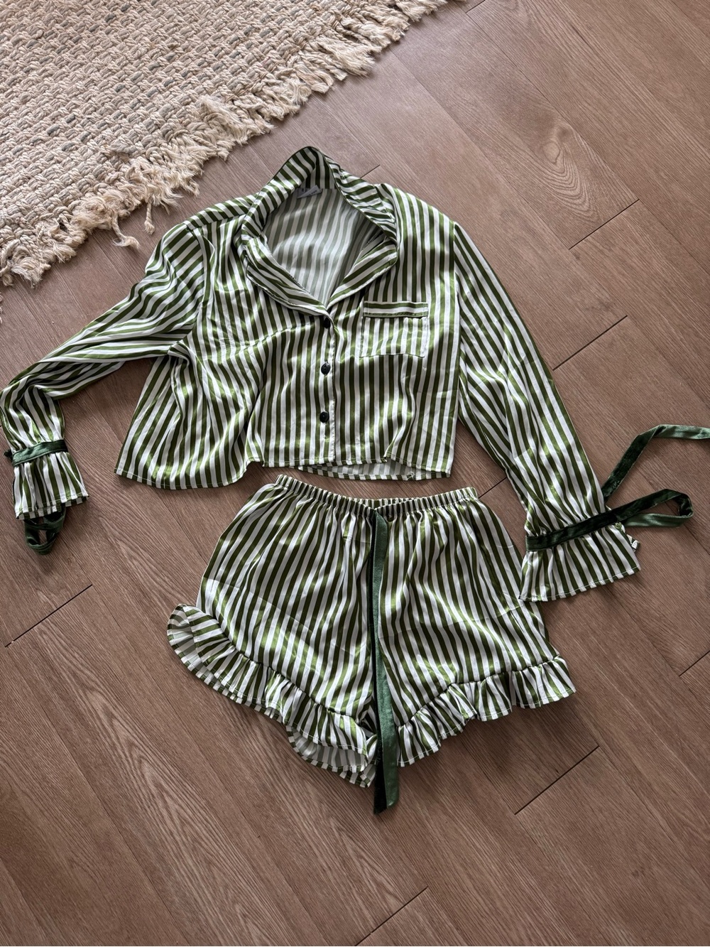 Abella Green & White Striped Satin Pajama Set with Ruffle Trim